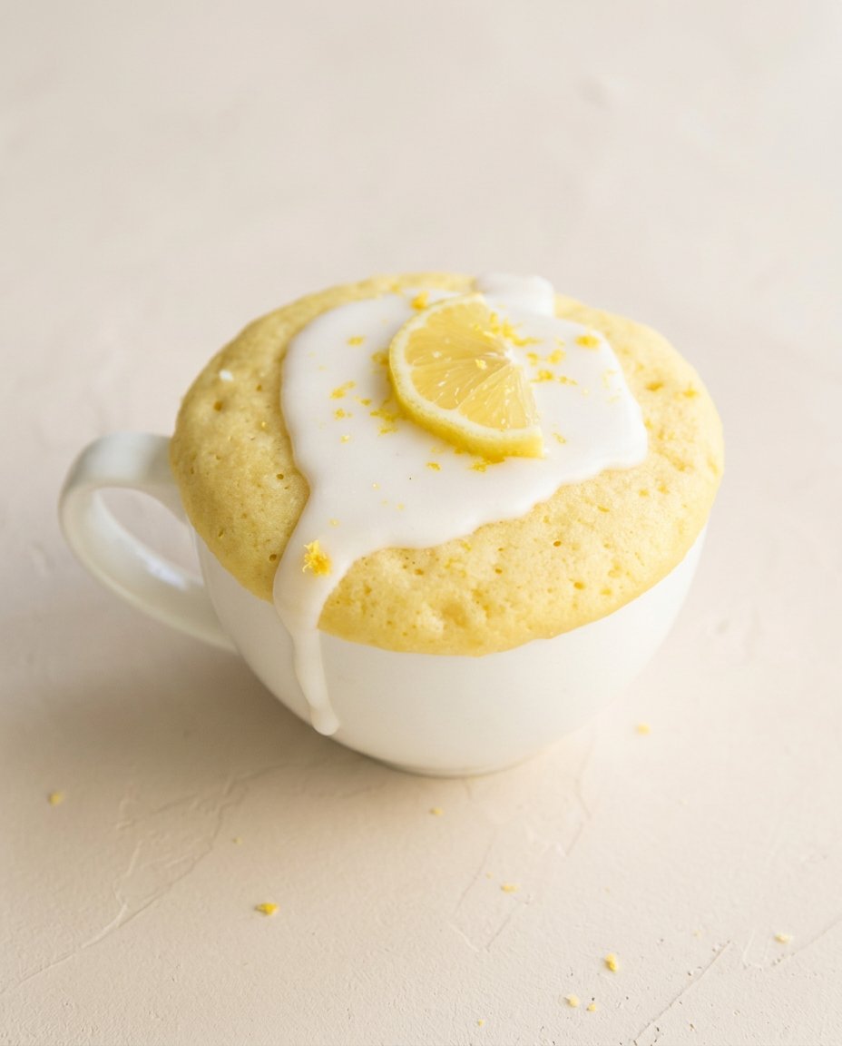 Lemon Mug Cake 16 A Lemon Mug Cake turned out onto a plate and garnished with fresh raspberries and lemon zest.