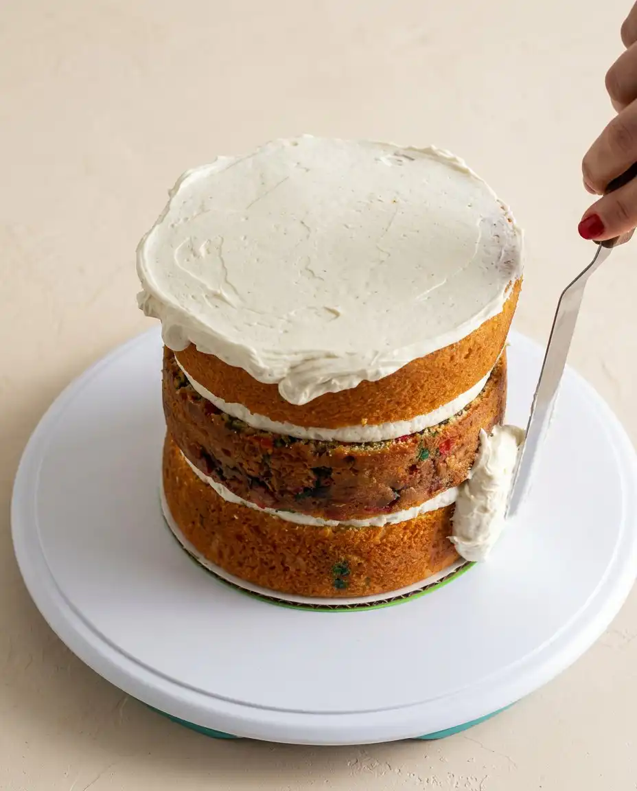 A baker leveling the top of a cake layer for a vanilla naked cake using a serrated knife
