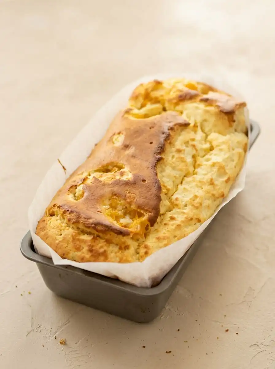 A beautifully sliced Mango Yogurt Cake served alongside a hot cup of tea on a rustic wooden table.