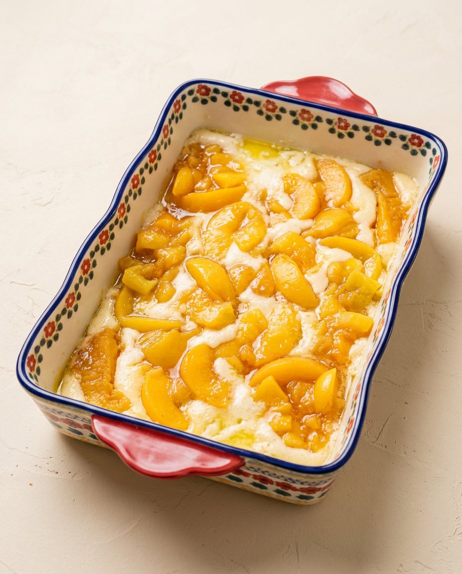Whisking light and fluffy cake batter for Peach Cobbler Sheet Cake