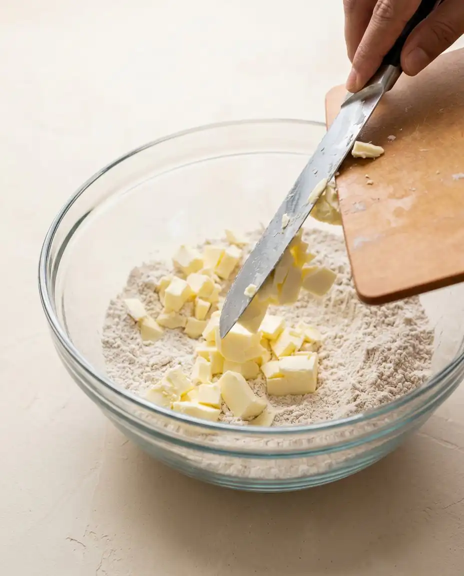 Hands rubbing cold butter into flour and cinnamon to make a crumbly streusel topping.