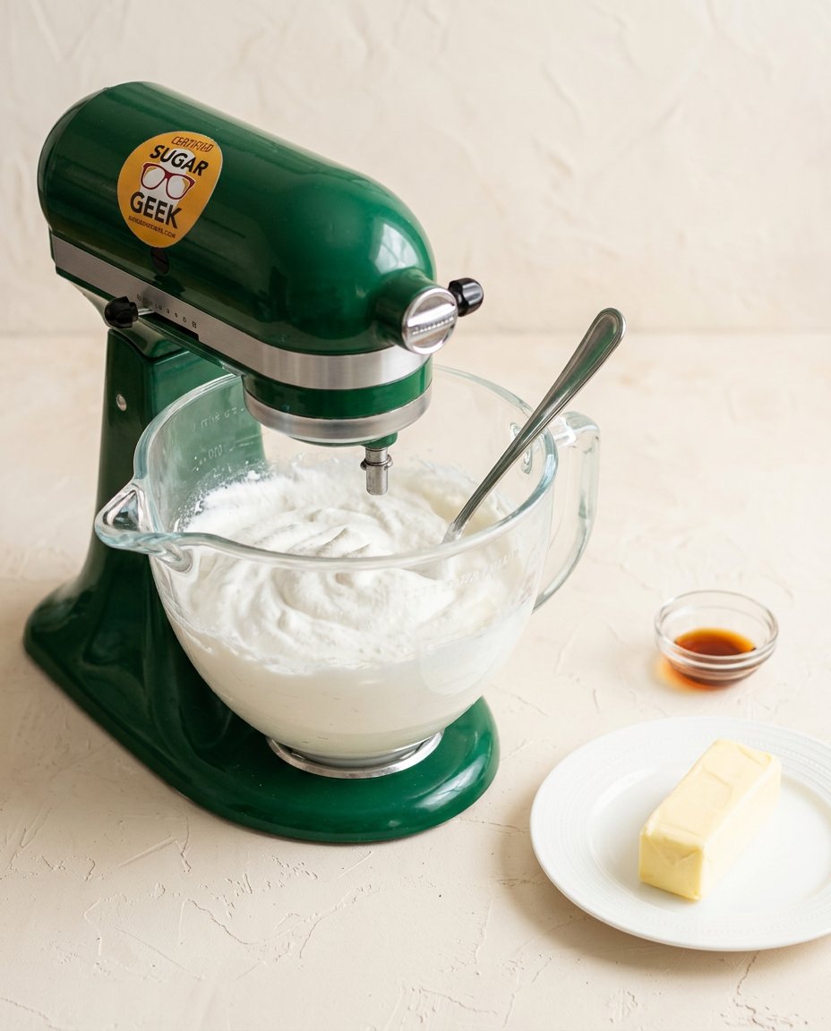 Smooth pale batter of White Velvet Cake being mixed in a stand mixer bowl