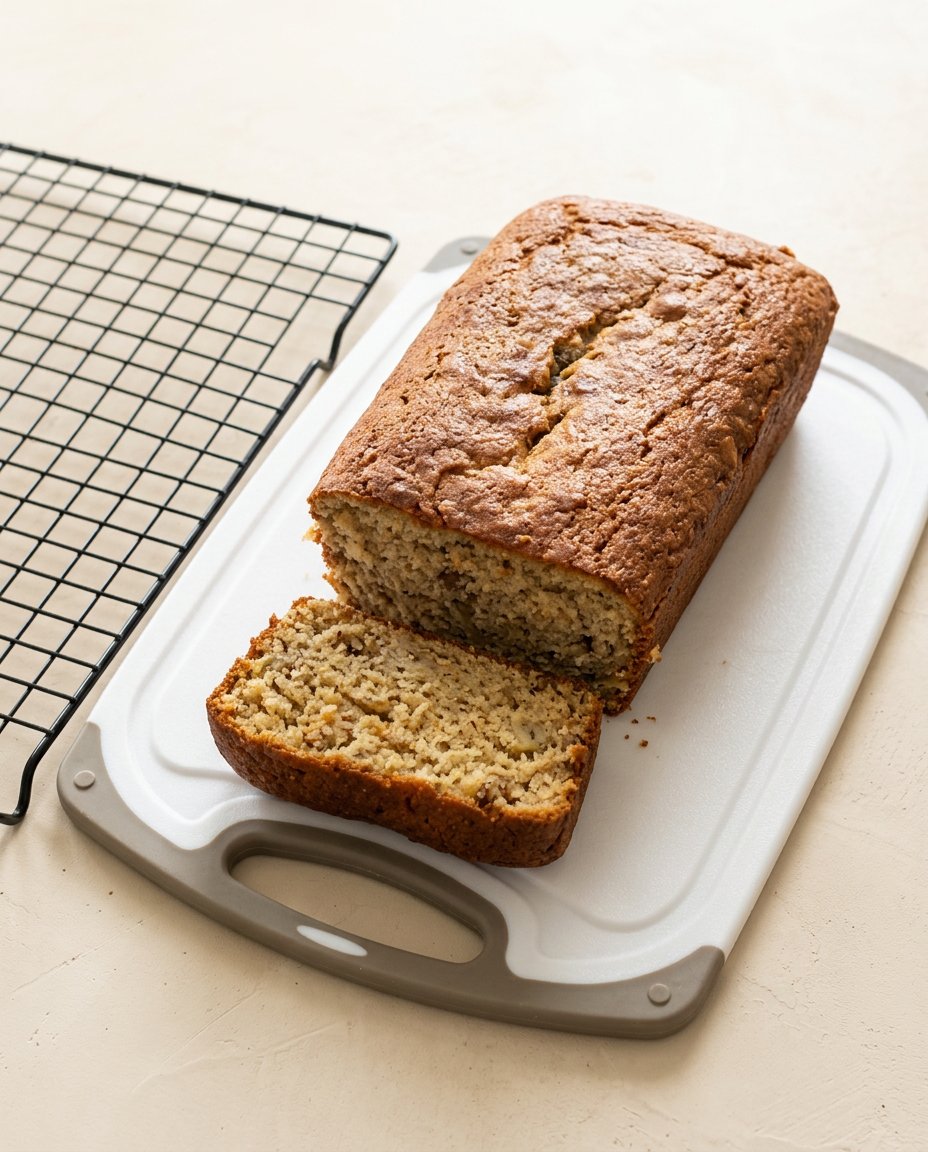 Cake Mix Banana Bread 12 A freshly baked golden brown loaf of cake mix banana bread resting on a wire cooling rack.