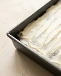 A close up slice of moist zucchini cake with applesauce topped with rich brown butter frosting.