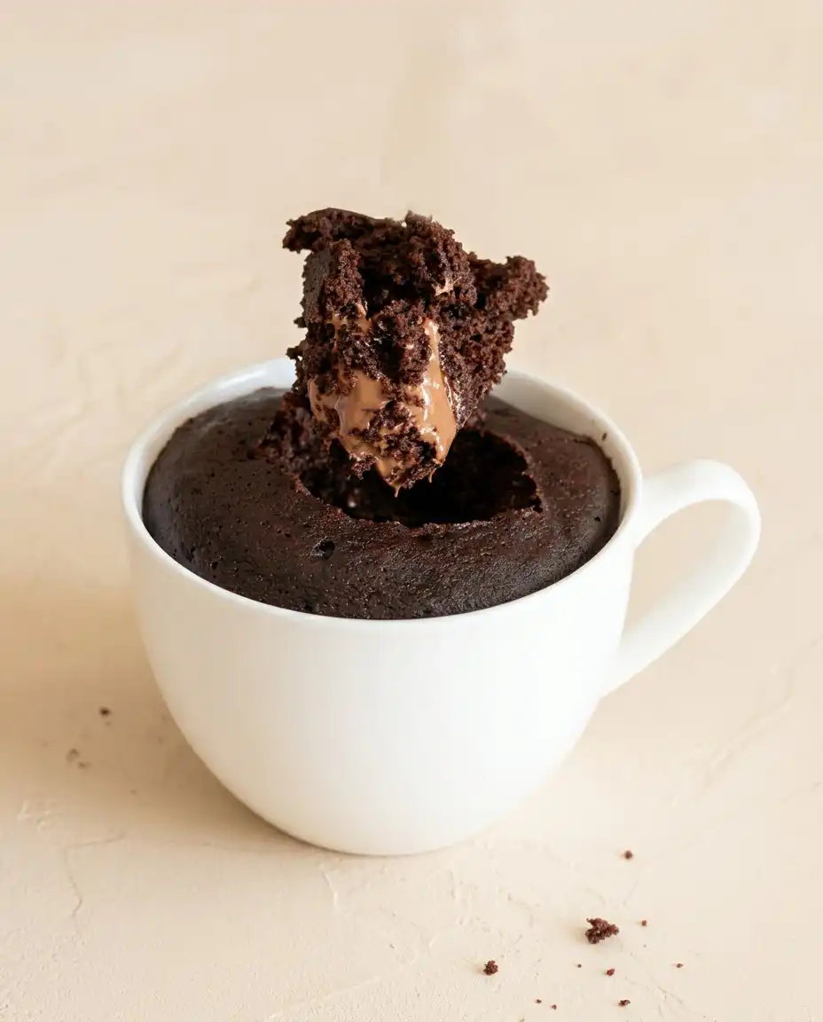 A delicious Nutella Mug Cake topped with a scoop of melting vanilla ice cream and fresh berries.