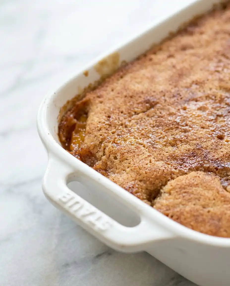 Old-Fashioned Peach Cake 12 A warm and golden Old-Fashioned Peach Cake served fresh in a classic casserole dish on a rustic kitchen counter.