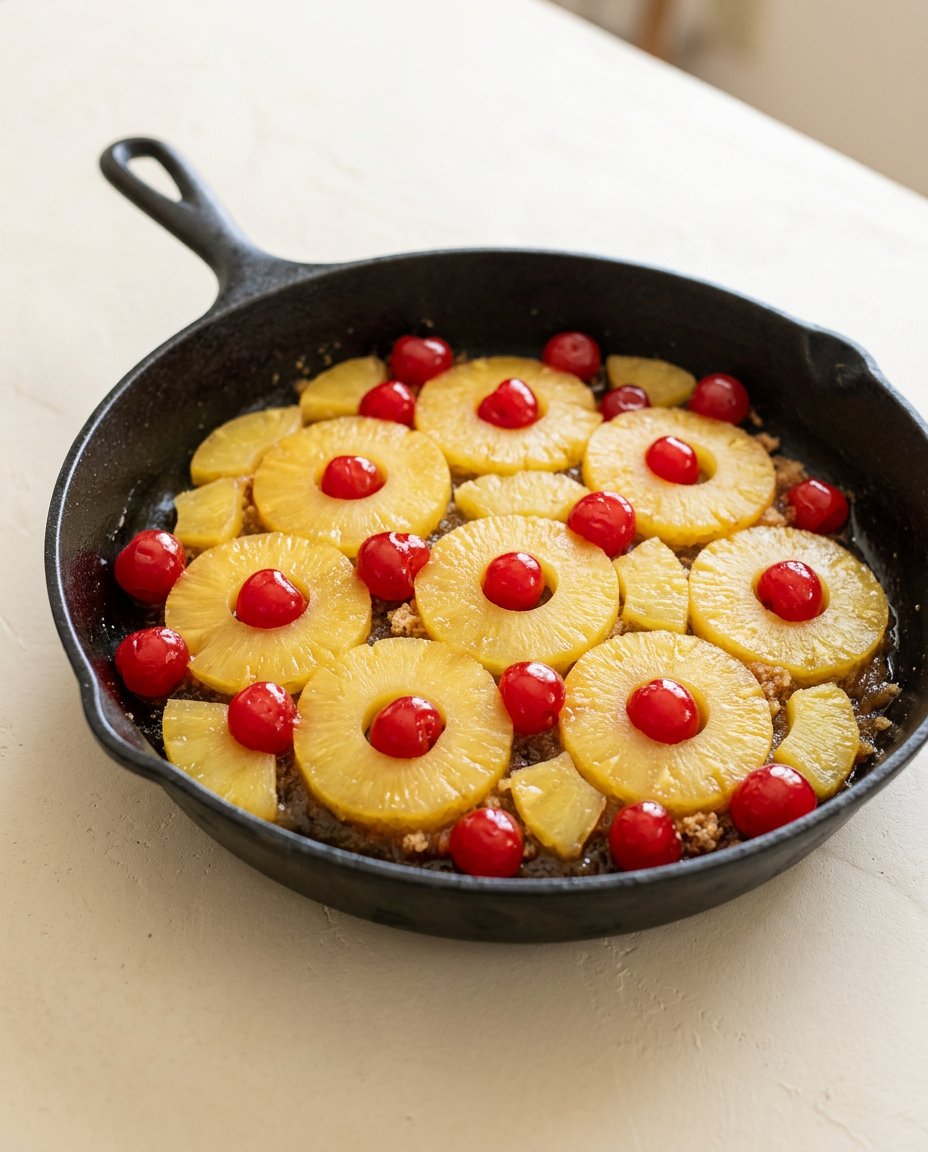Canned pineapple rings cherries brown sugar and butter gathered on a kitchen counter.