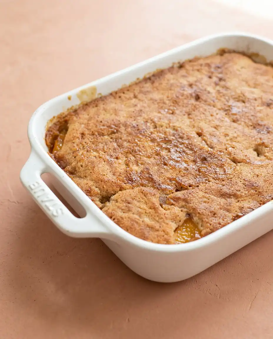 Old-Fashioned Peach Cake 16 A warm slice of Old-Fashioned Peach Cake topped with a melting scoop of vanilla ice cream.