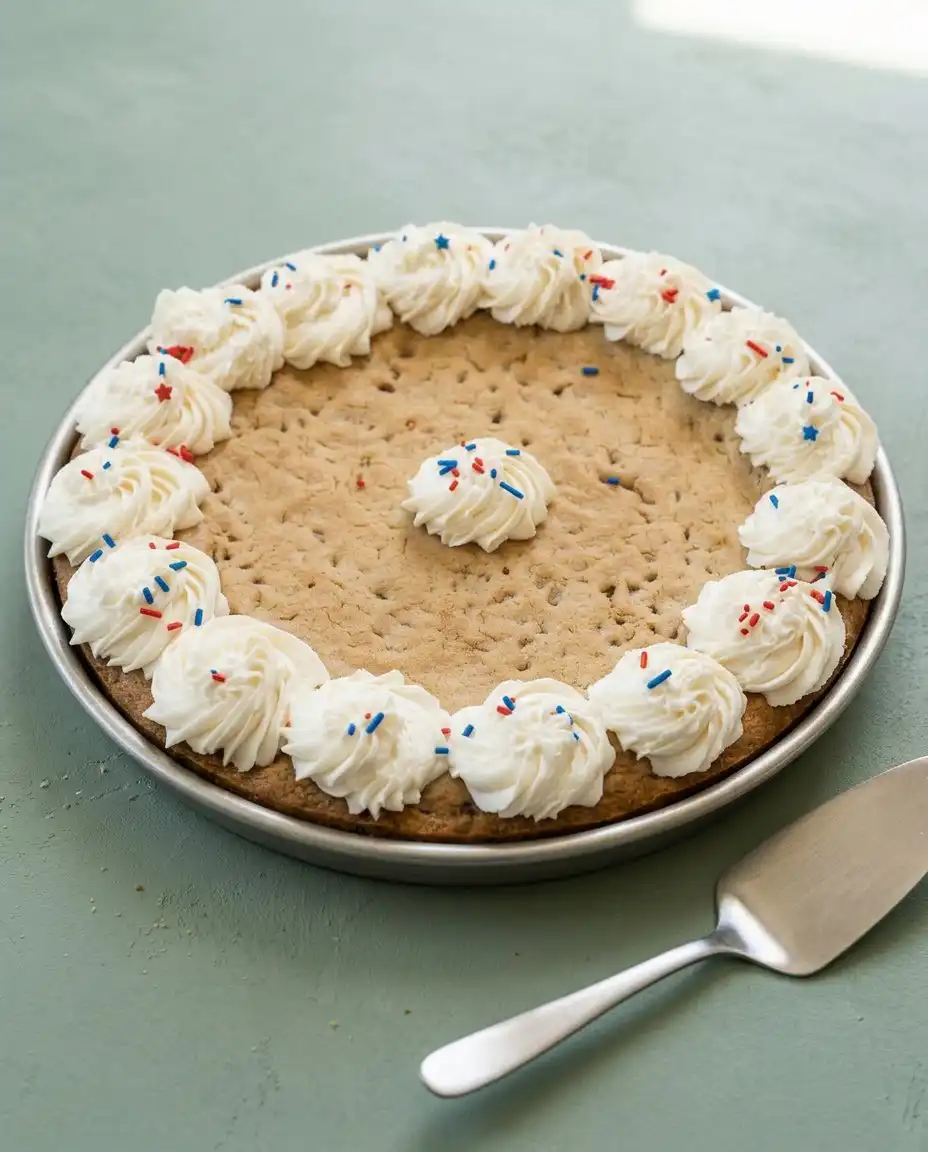 Piping sweet white buttercream frosting stars around the border of a classic chocolate chip cookie cake.
