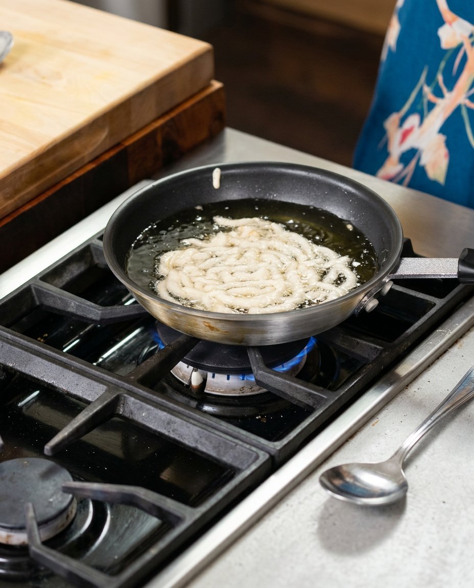 Carefully squeezing pancake mix funnel cake batter in a circular motion into hot frying oil.