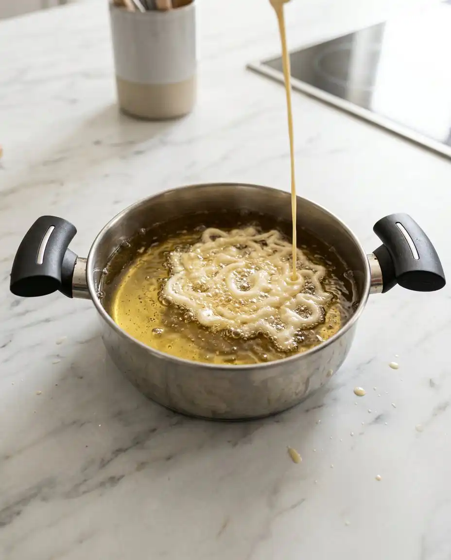 Pouring batter through a funnel into a hot pan of vegetable oil for a 3-Ingredient Funnel Cake.
