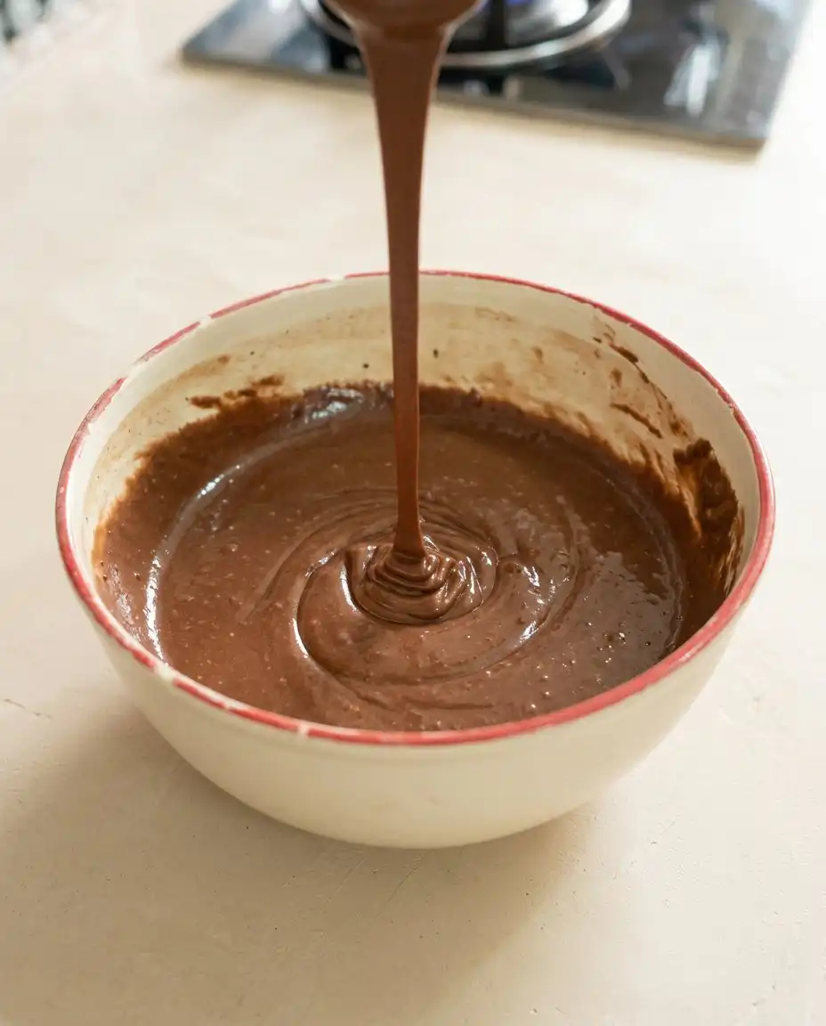 Streaming Chocolate Funnel Cake batter from a squeeze bottle into a skillet of hot oil