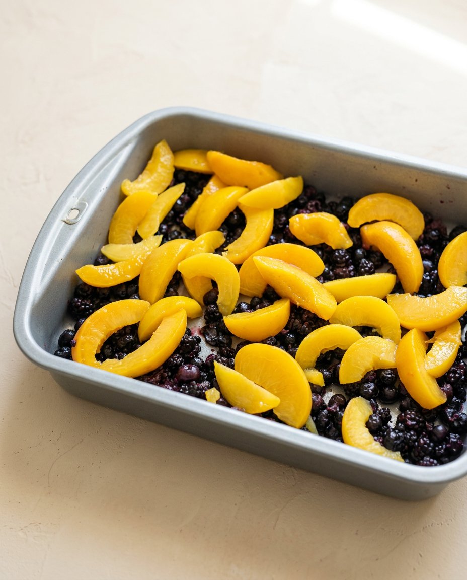 Pouring warm melted butter over the dry yellow cake mix layer of a blackberry peach dump cake.