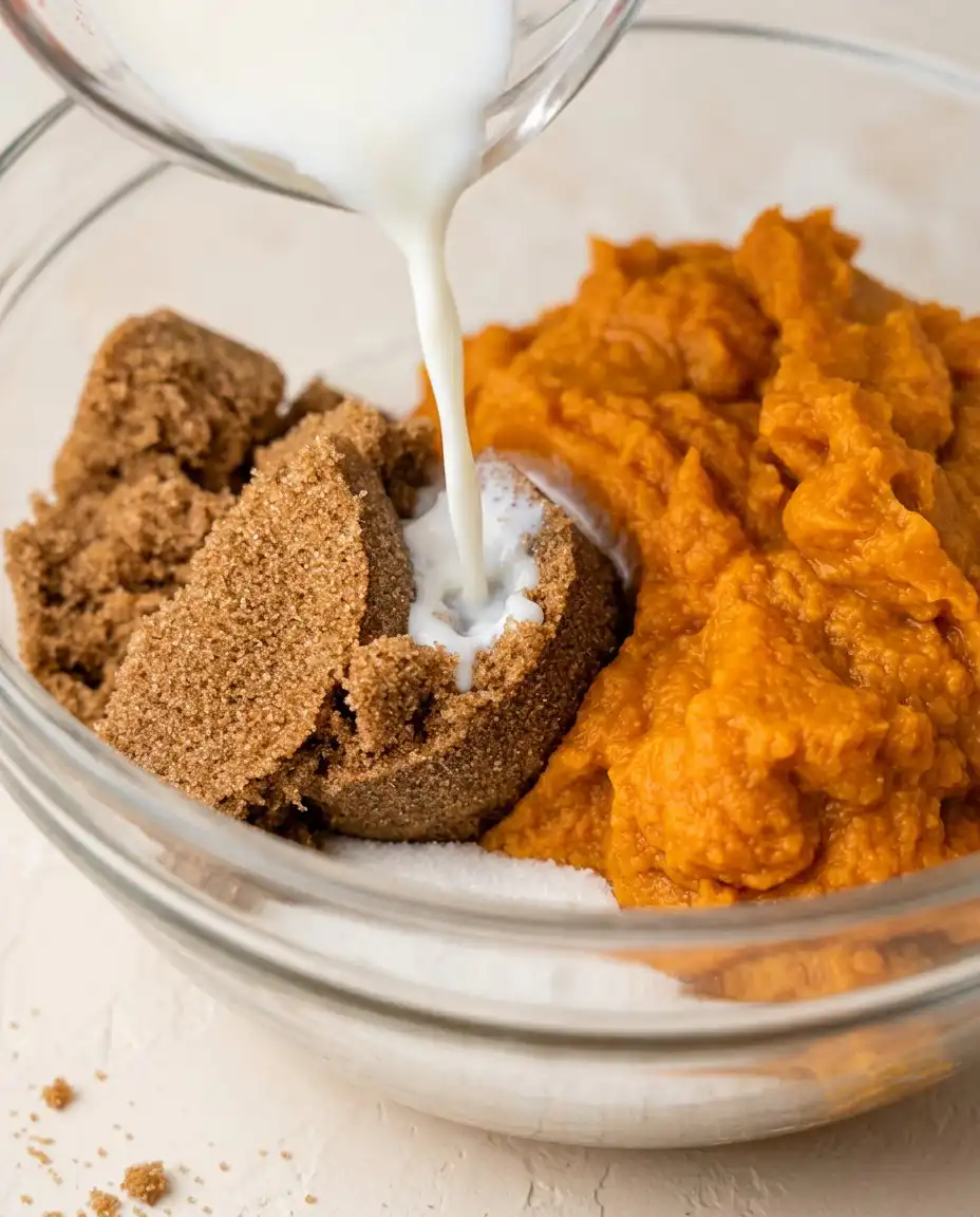 Simple ingredients for brown butter pumpkin cake arranged in vintage bowls.