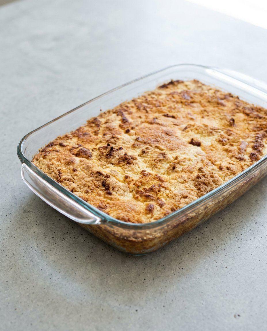 A square of Pumpkin Dump Cake topped with a melting scoop of vanilla ice cream