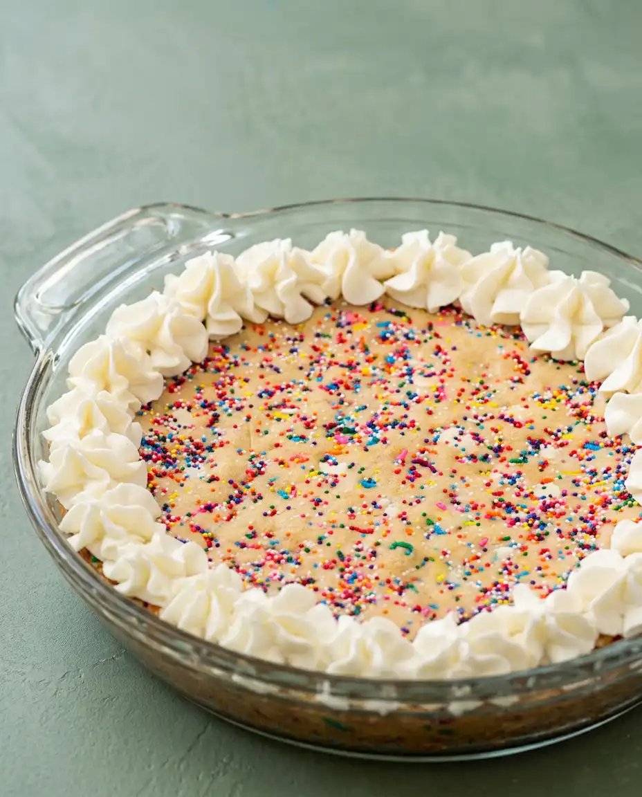 A single slice of Rainbow Sprinkle Cookie Cake served on a plate with a scoop of vanilla ice cream.