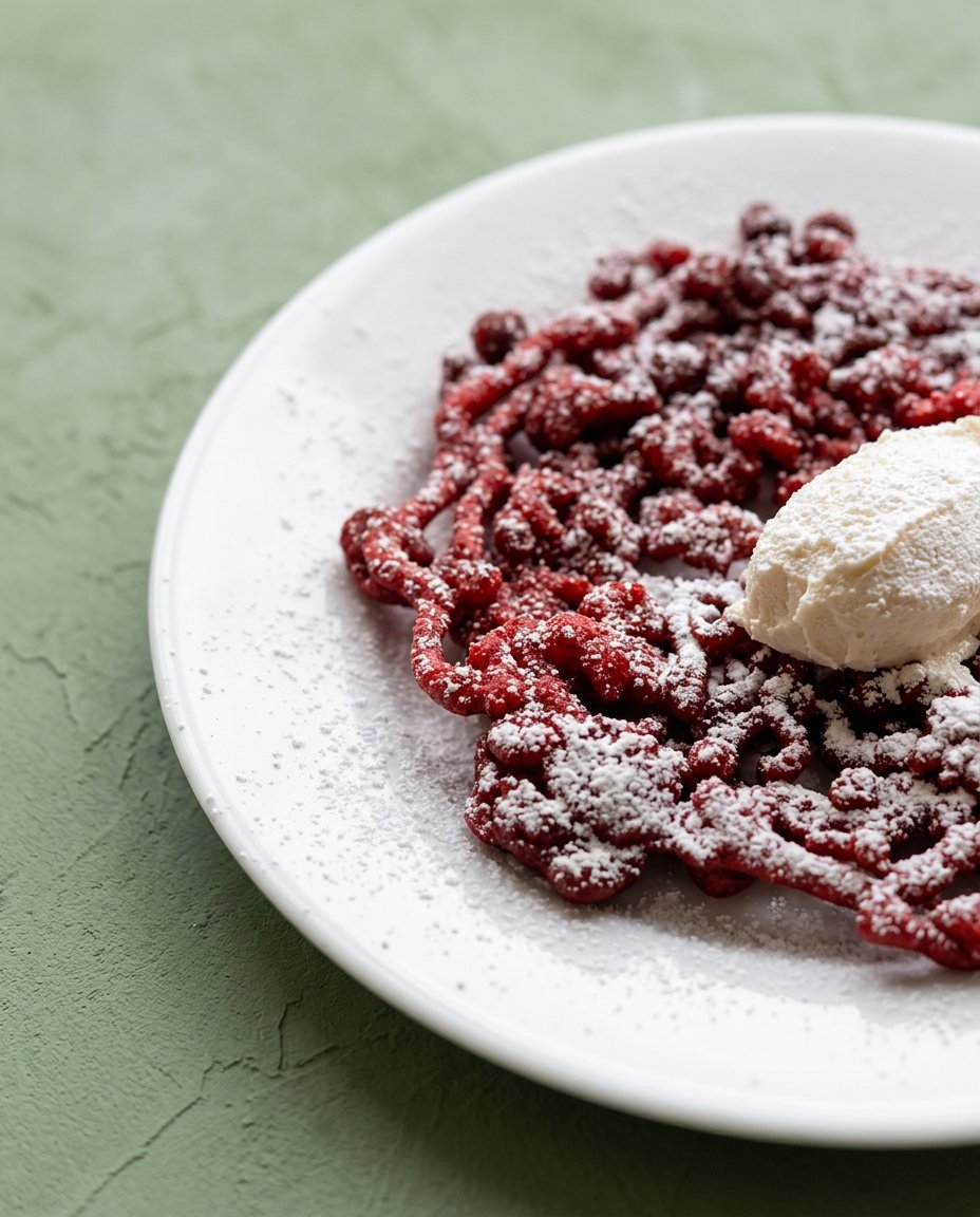 A gourmet Red Velvet Funnel Cake served warm on a plate with fresh whipped cream and berries