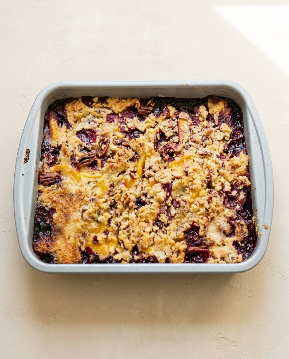 A generous scoop of blackberry peach dump cake served in a white bowl with melting vanilla ice cream.