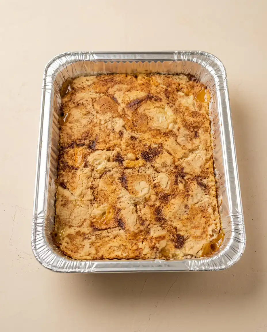 A generous serving of Peach Cobbler with White Cake Mix topped with melting vanilla ice cream.