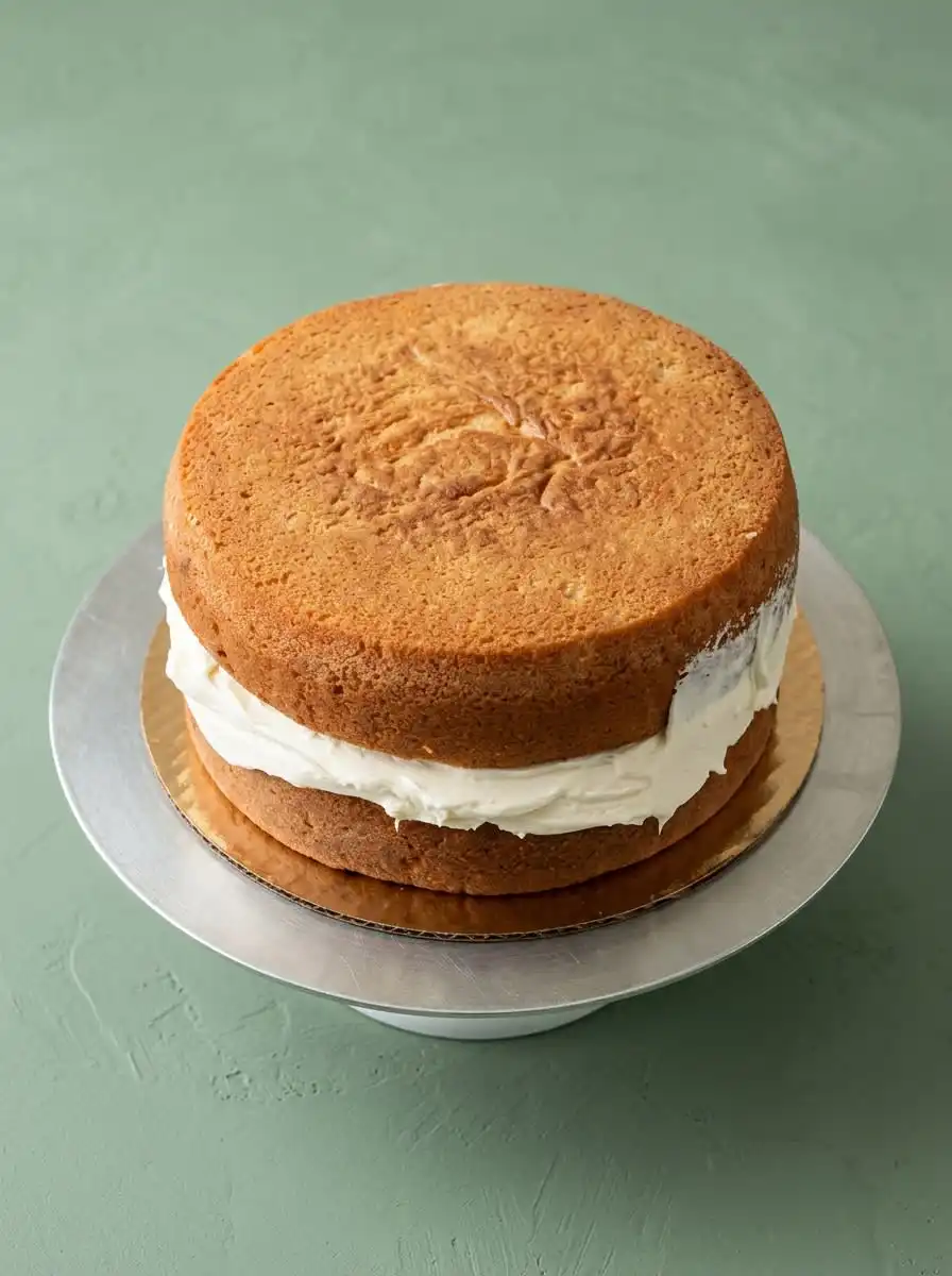Two-Layer Naked Cake 15 A baker using a metal bench scraper to smooth the buttercream on a Two-Layer Naked Cake.