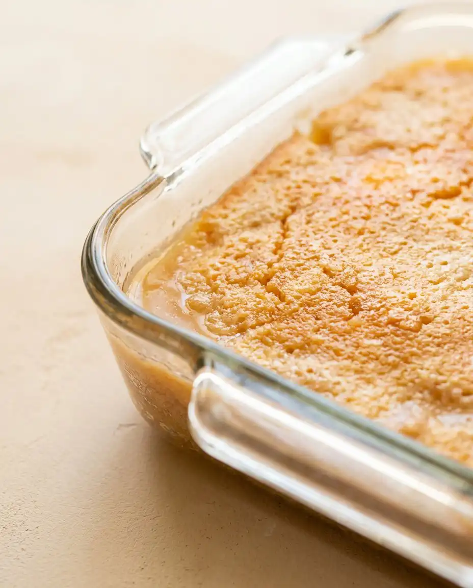 A warm scoop of peach dump cake with frozen peaches served with vanilla ice cream