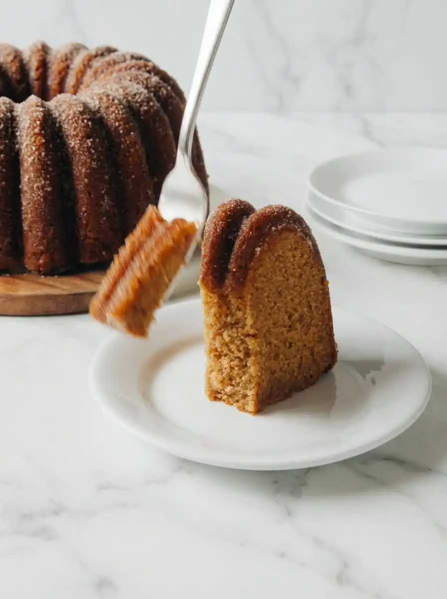 A single slice of apple cider cake on a white plate served with a hot mug of coffee