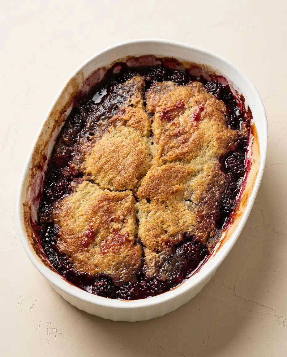 A slice of Blackberry Cobbler Dump Cake in a bowl topped with melting vanilla ice cream