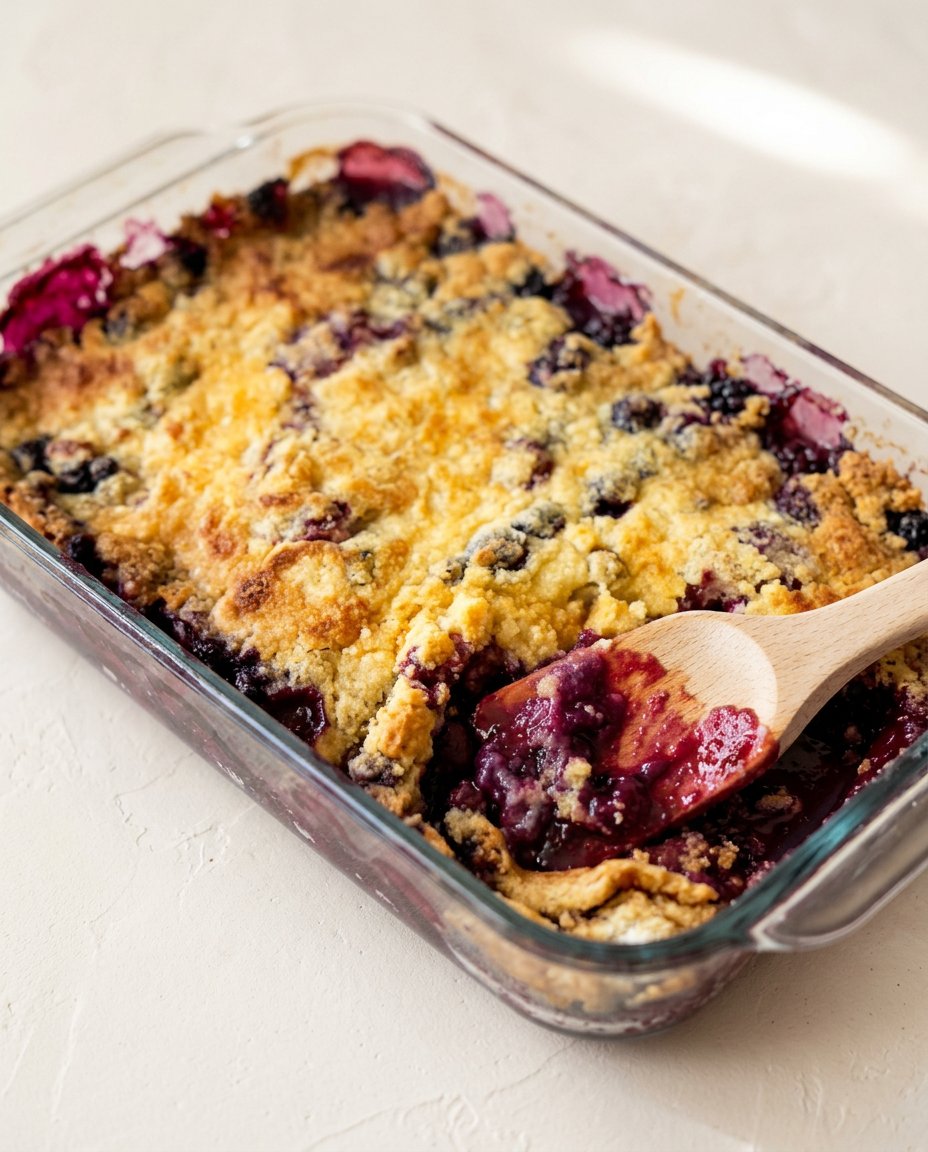 A scoop of warm blueberry dump cake in a white bowl with melting vanilla ice cream.