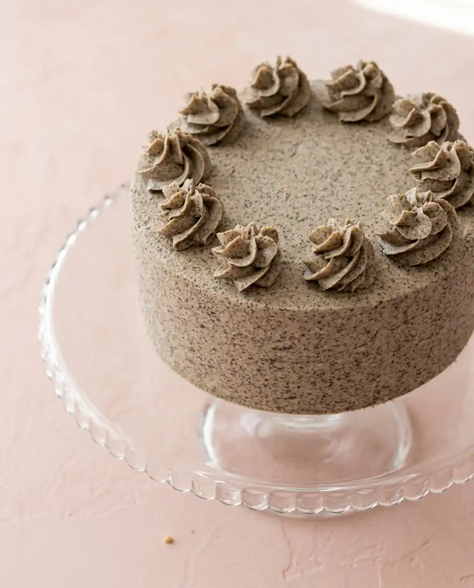 A thick slice of cookies and cream birthday cake served on a plate next to a fresh cup of hot coffee.