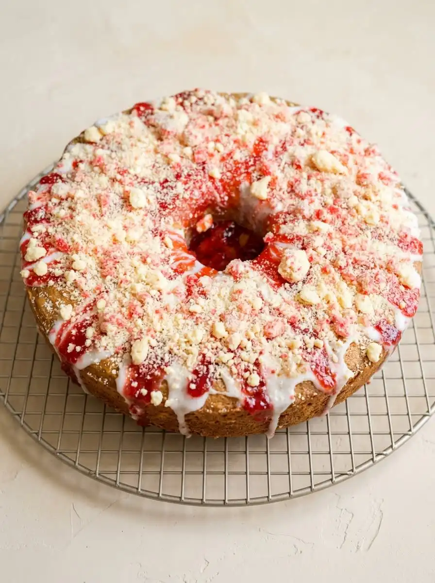 A thick slice of cream cheese pound cake with strawberry glaze served on a vintage plate.