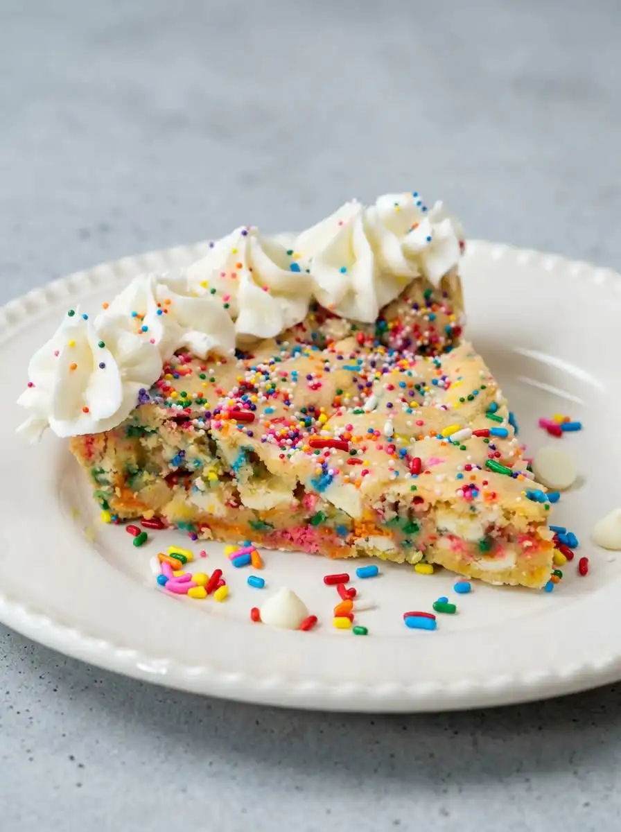 A slice of Funfetti Birthday Cookie Cake served with a scoop of vanilla ice cream.