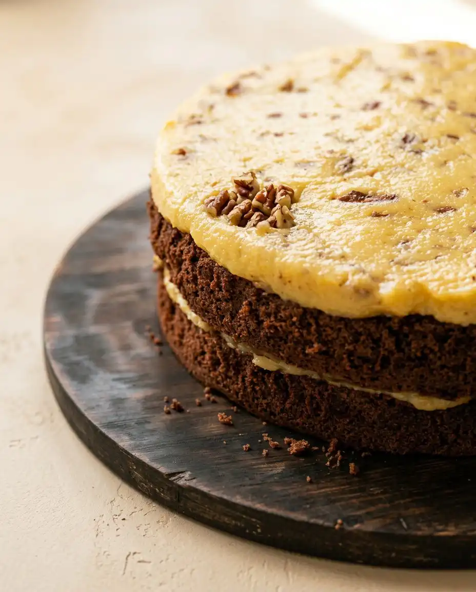 A delicious slice of German Chocolate Cake served on a plate next to a cup of warm coffee.