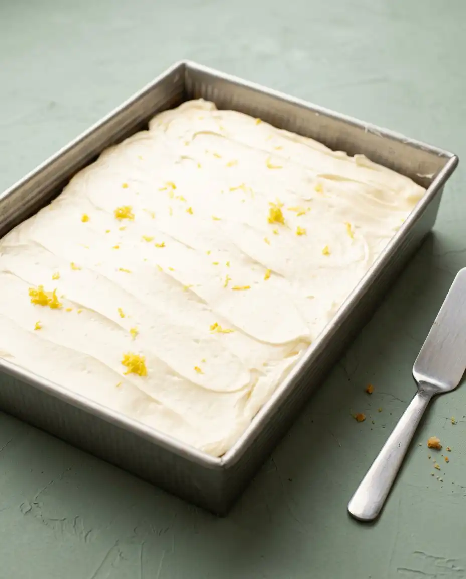 Serving a thick slice of Zucchini Cake with lemon cream cheese frosting next to a warm cup of black tea.