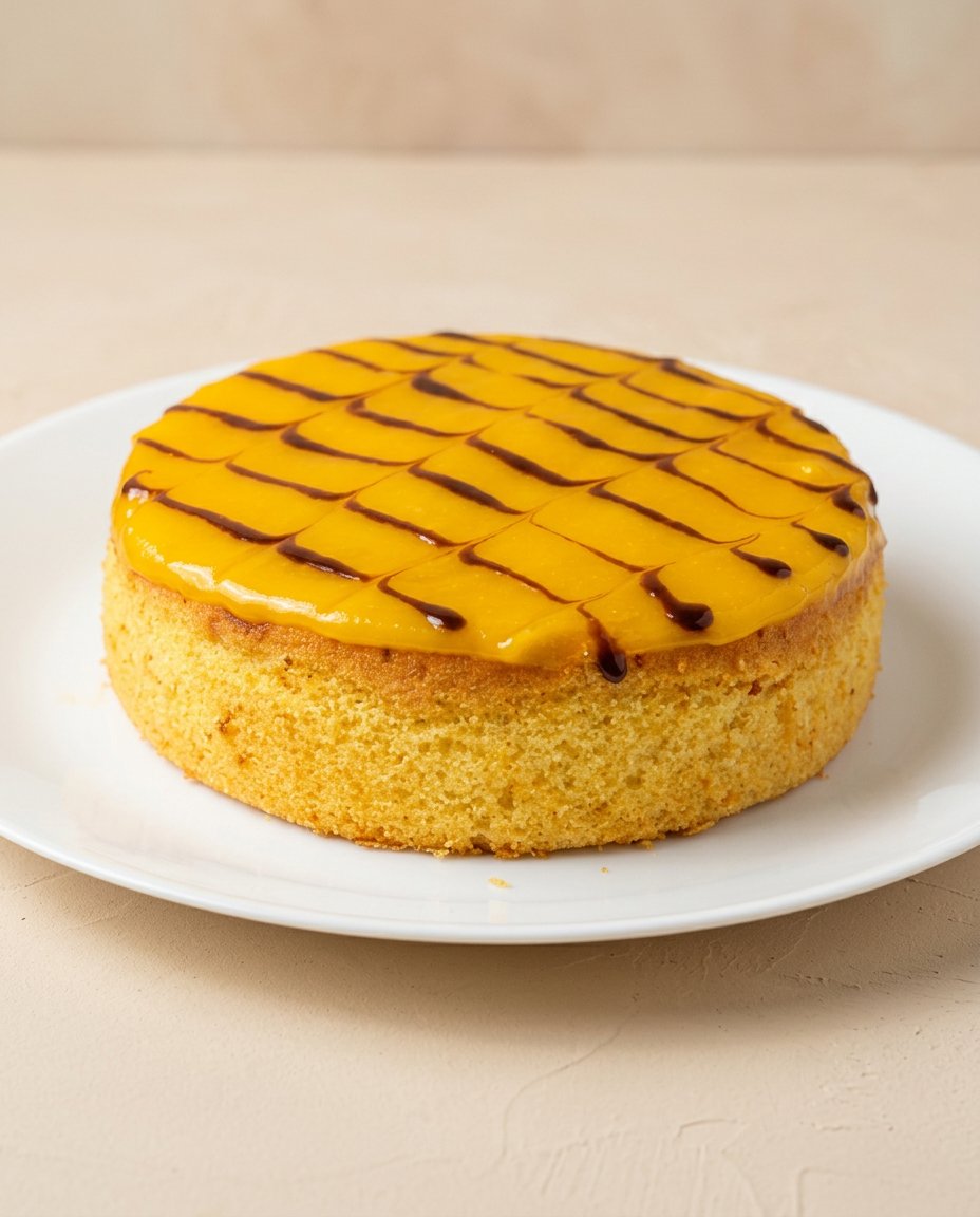 Serving a fresh slice of Mango Fresh Fruit Topped Cake with coffee