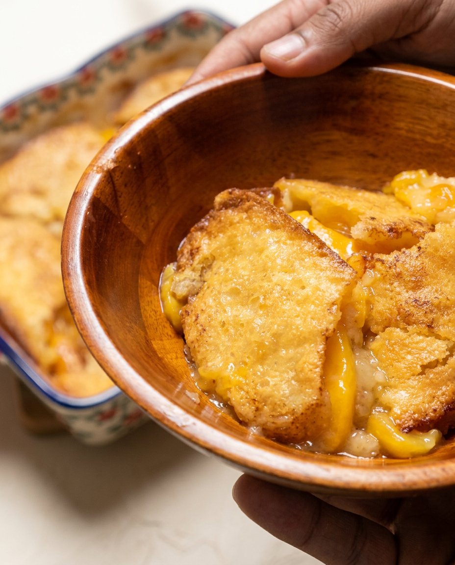 A generous square of Peach Cobbler Sheet Cake served on a vintage white plate