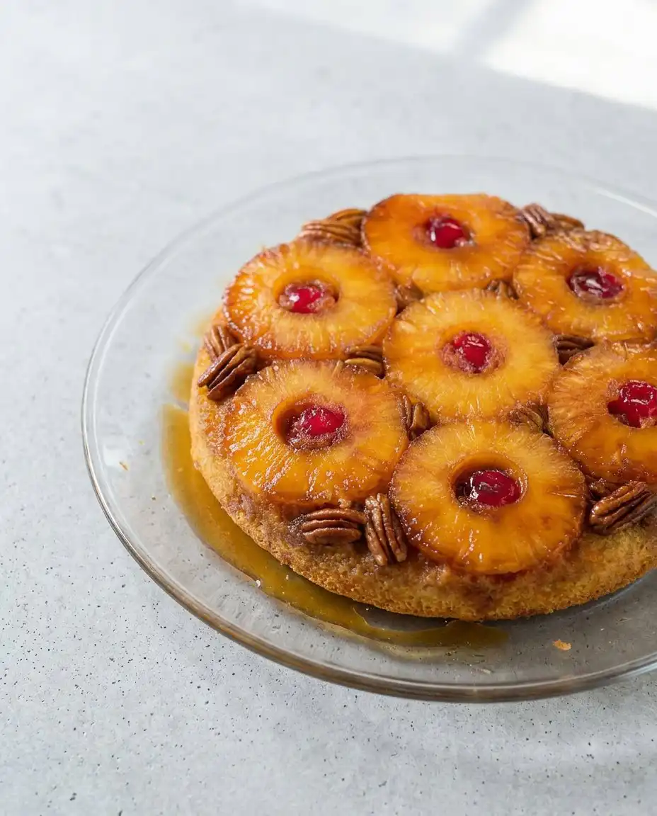 A beautiful slice of Classic Pineapple Upside Down Cake served on a vintage plate.