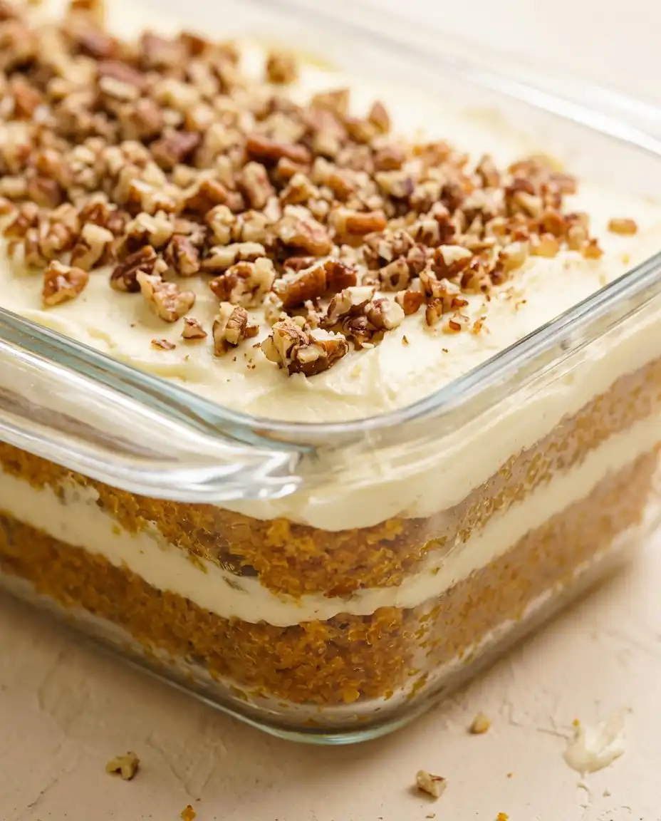 A generous slice of Classic Pumpkin Layer Cake served on a white plate with extra pecan toffee crumble.