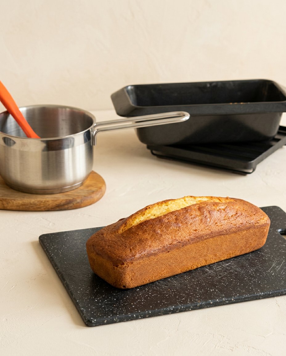 A thick slice of glazed Vanilla Pound Cake served with a dollop of fresh vanilla bean whipped cream.