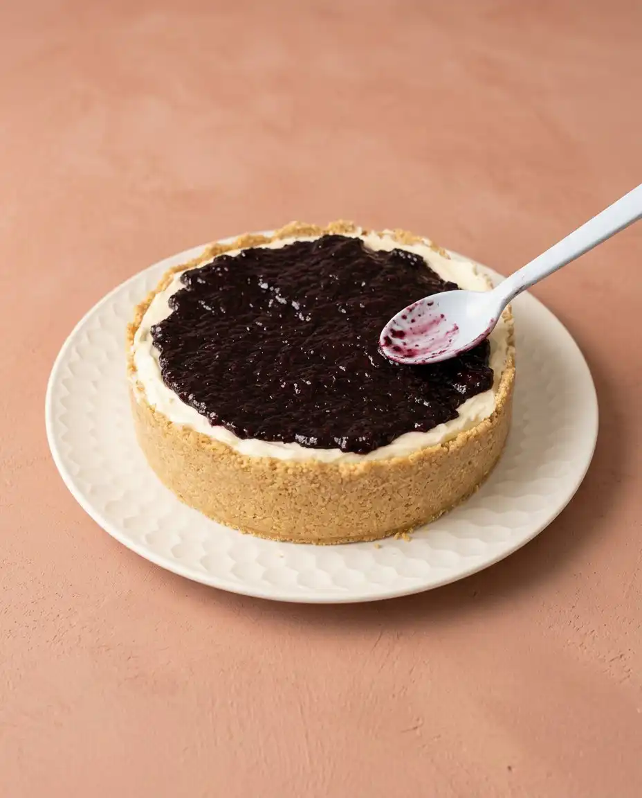 Blackberry Cream Cheese Cake 16 A whole Blackberry Cream Cheese Cake served on a glass platter at an outdoor picnic.