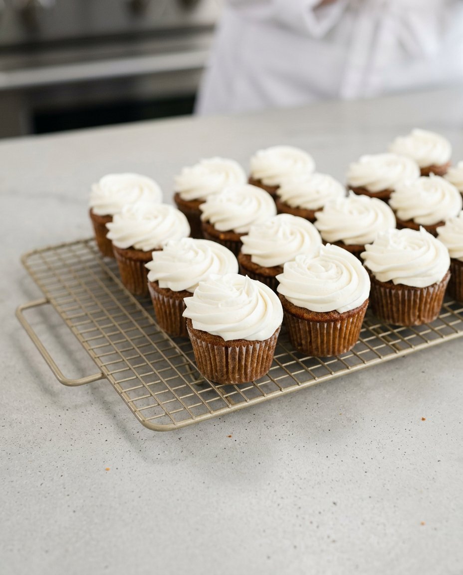 Carrot Cake Cupcakes with Cream Cheese Frosting 16 Carrot cake cupcakes with cream cheese frosting neatly arranged on a white serving platter.