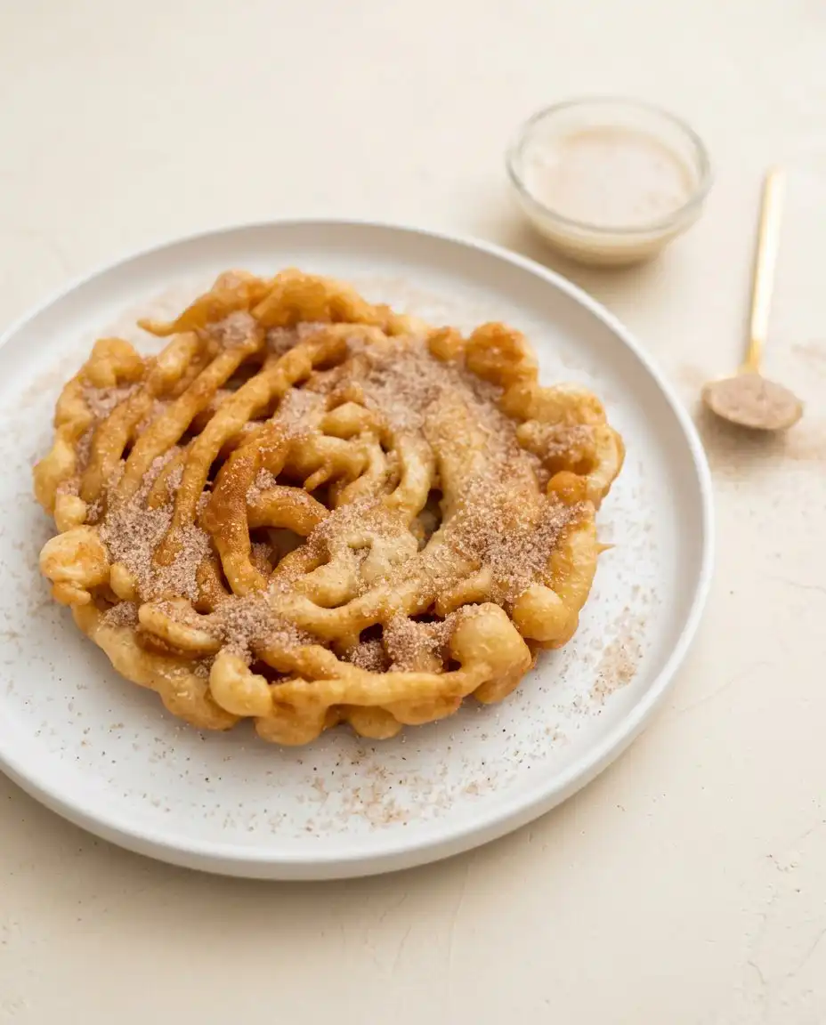 A platter of Cinnamon Sugar Funnel Cake Bites served with a side of warm chocolate dipping sauce.