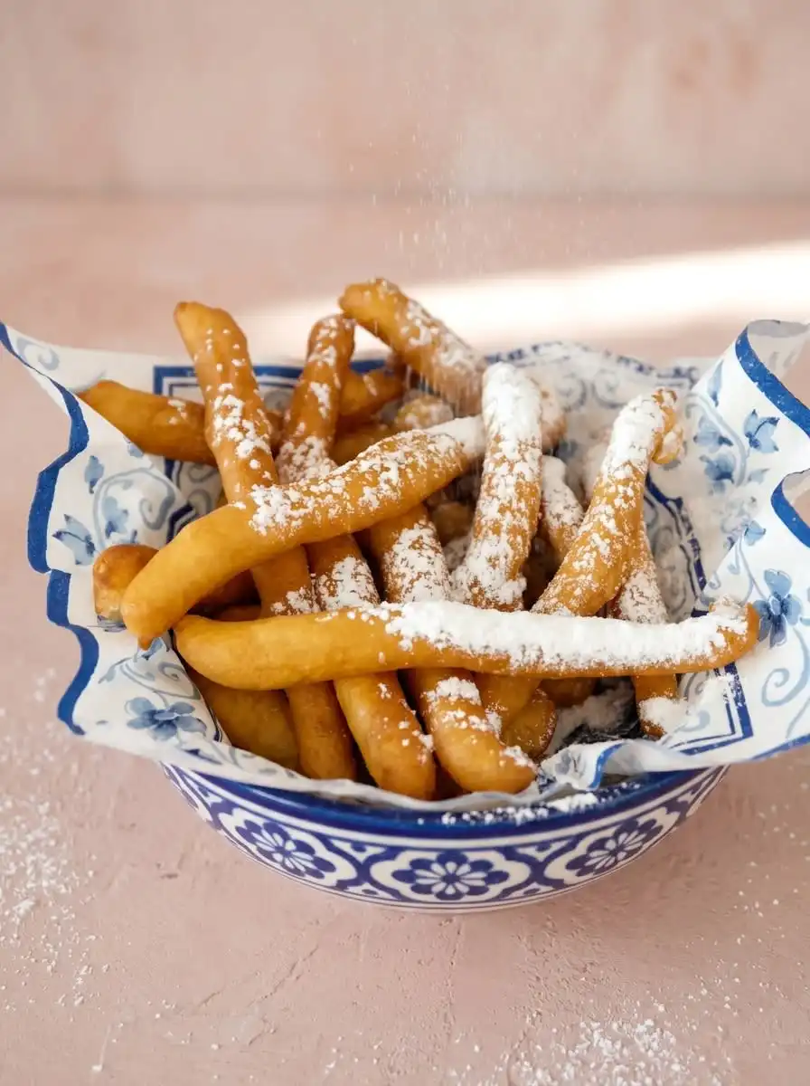 Cinnamon Sugar Funnel Cake Fries 16 A basket of Cinnamon Sugar Funnel Cake Fries served with small bowls of sweet dipping sauces