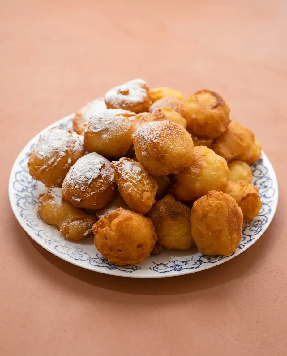 A wooden serving board filled with classic funnel cake bites next to a bowl of chocolate dipping sauce.