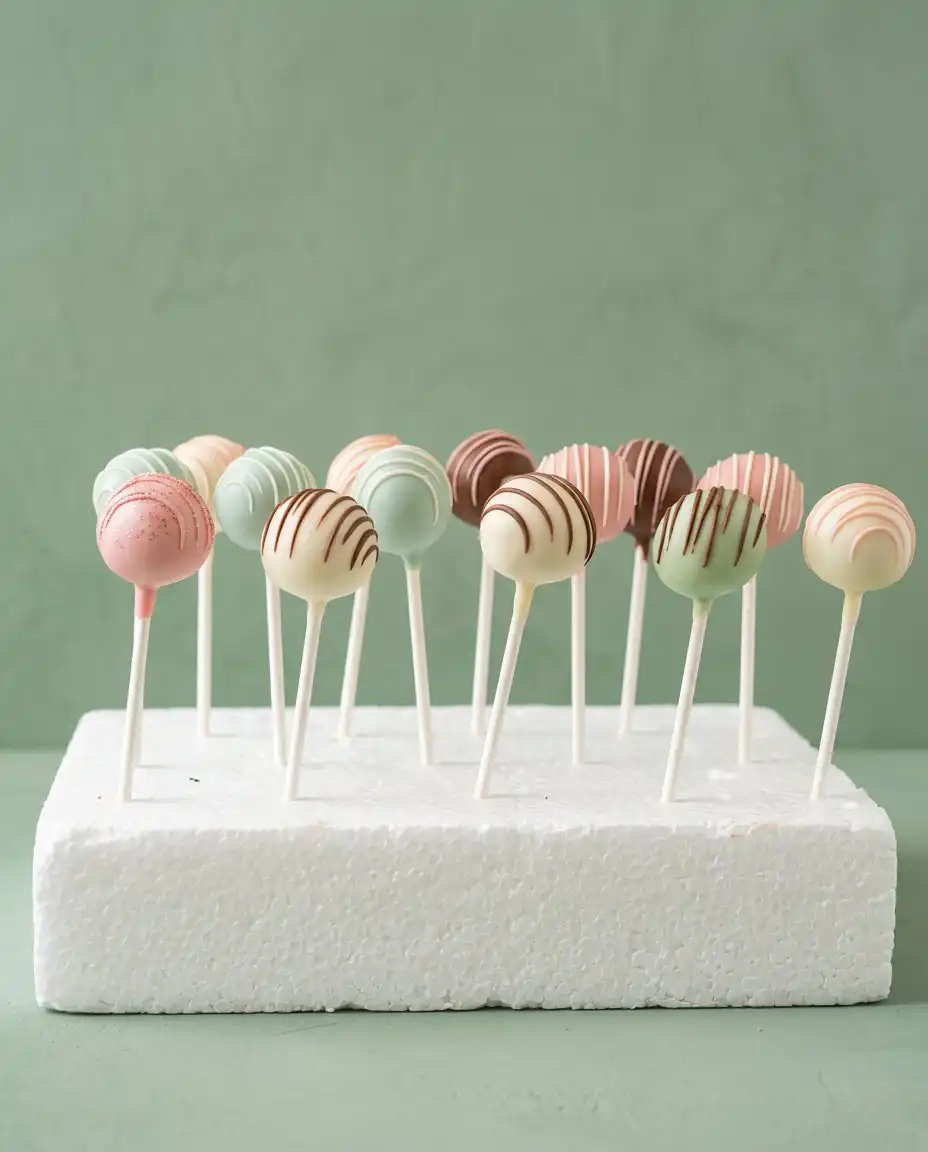 Classic vanilla cake pops served upright next to a warm cup of coffee on a table.