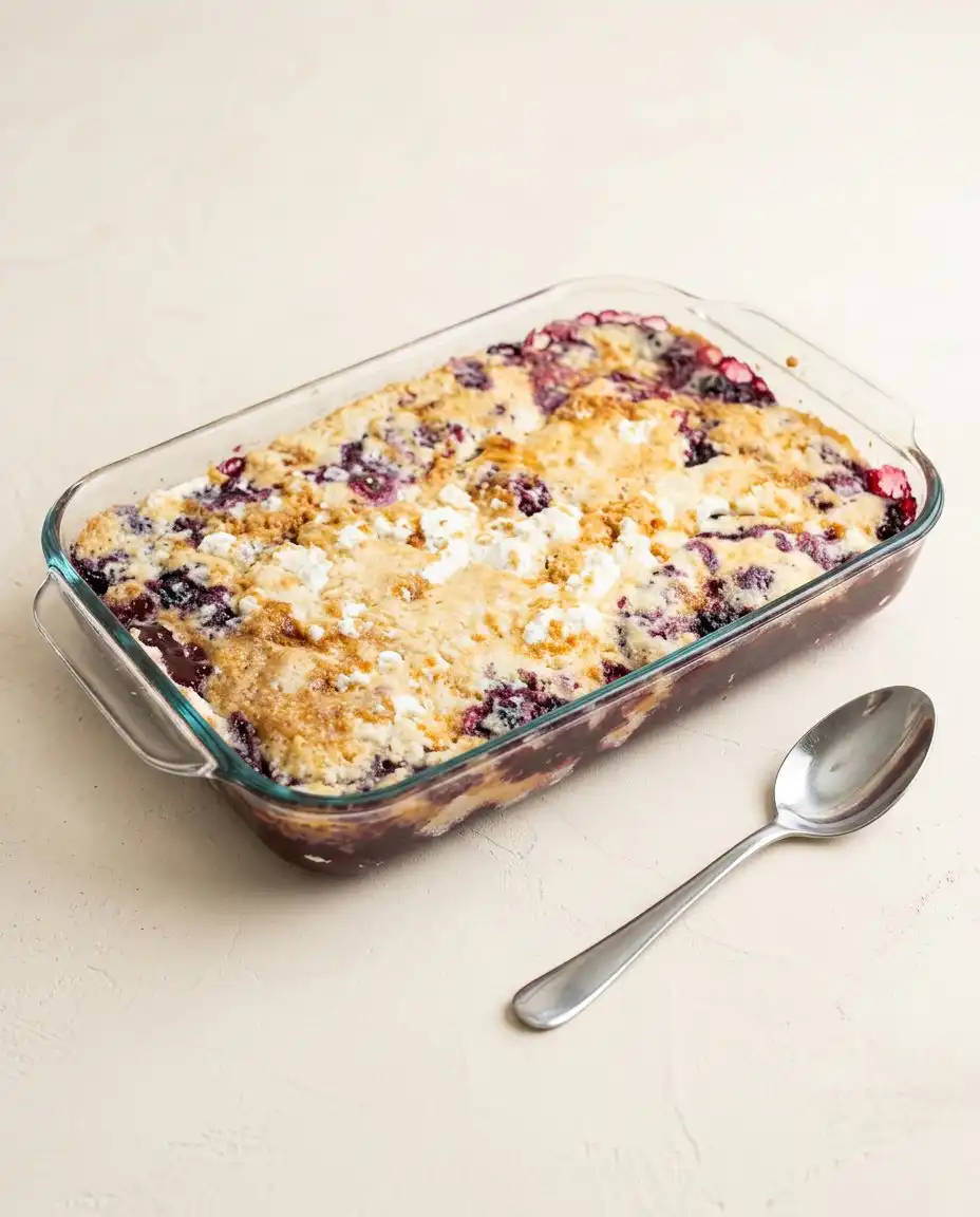 A warm scoop of Blackberry Dump Cake with Butter Pecan Cake Mix topped with melting vanilla ice cream.