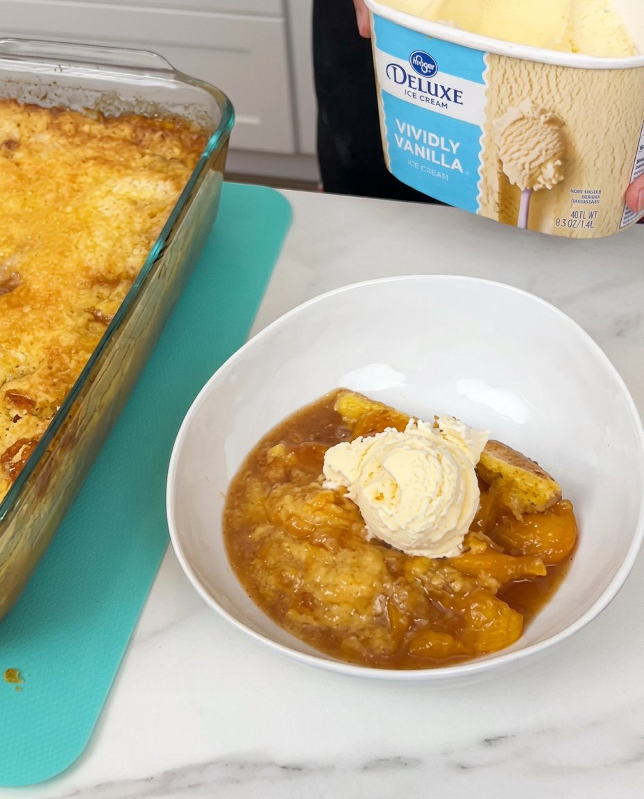 A warm scoop of Cinnamon Canned Peach Dump Cake topped with vanilla ice cream in a white bowl.