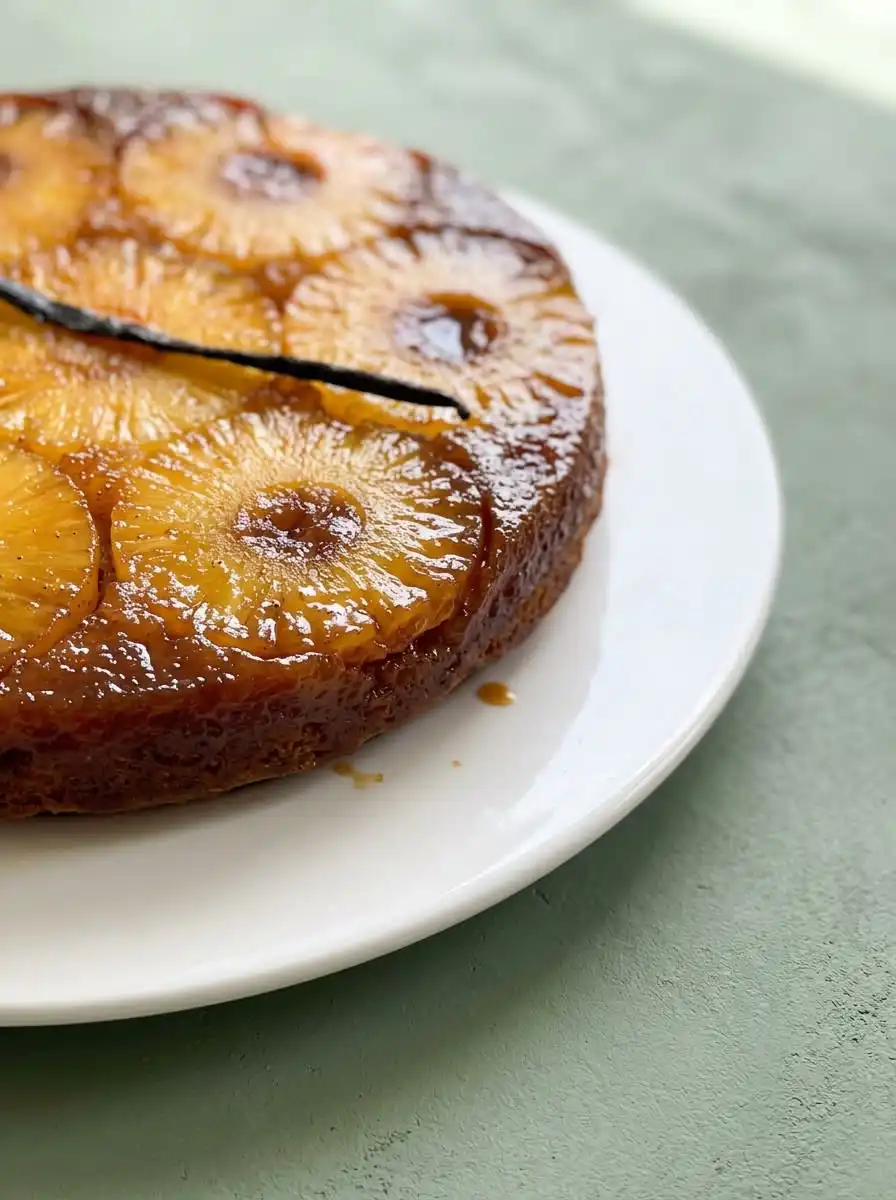 Pineapple Upside-Down Cake 16 A warm slice of Pineapple Upside-Down Cake served with a dollop of fresh cream