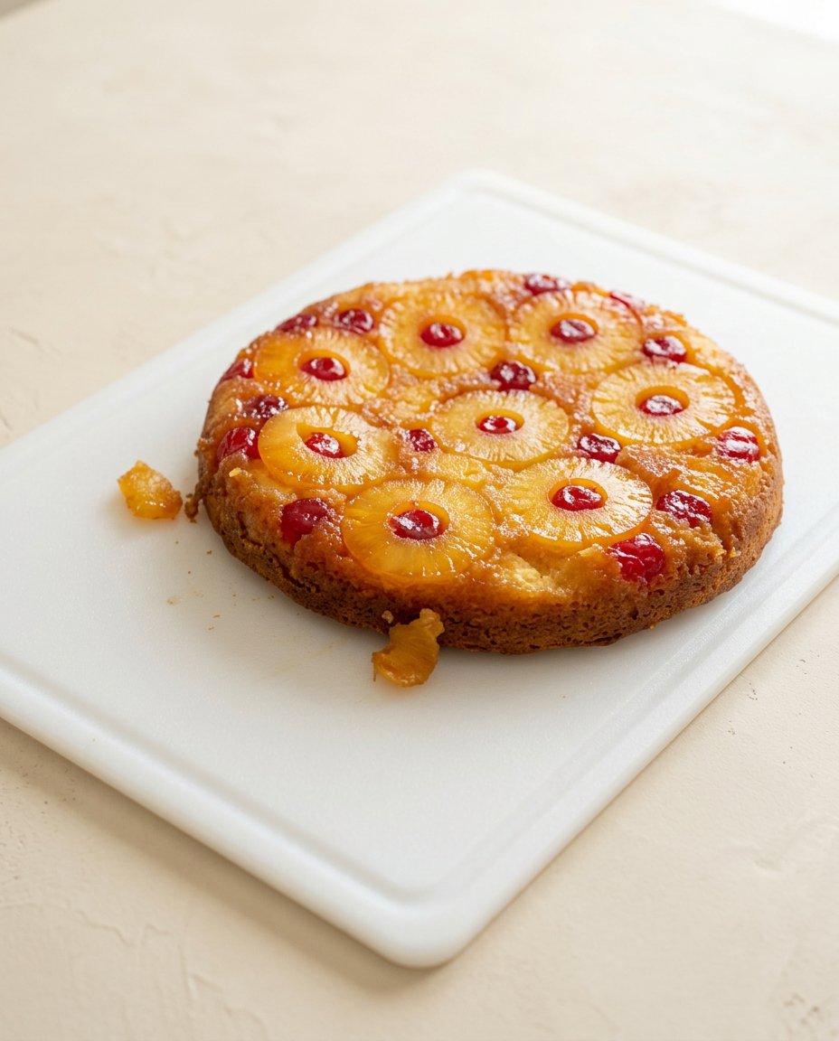 A slice of Cast Iron Skillet Pineapple Upside Down Cake served with vanilla ice cream.