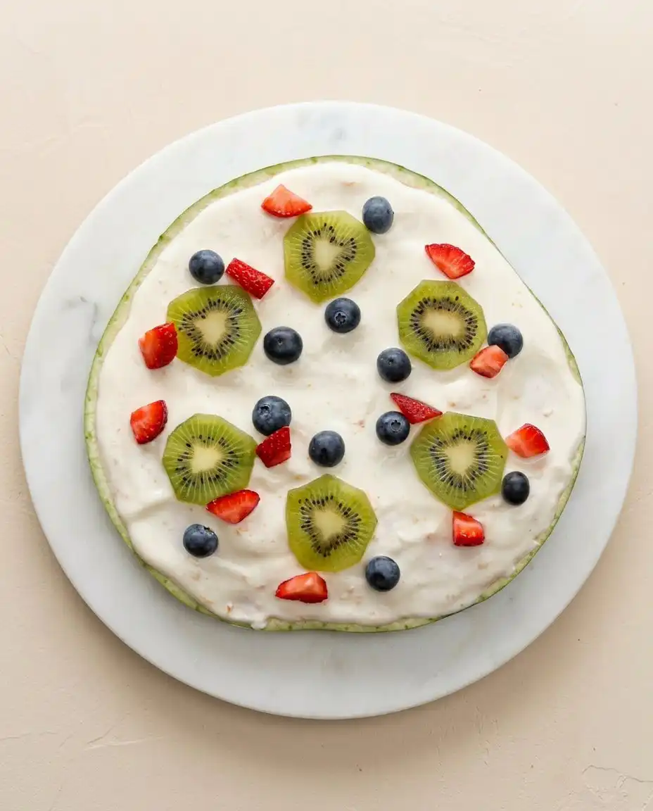 A delicious slice of Watermelon Pizza Cake served on a pretty patterned dessert plate