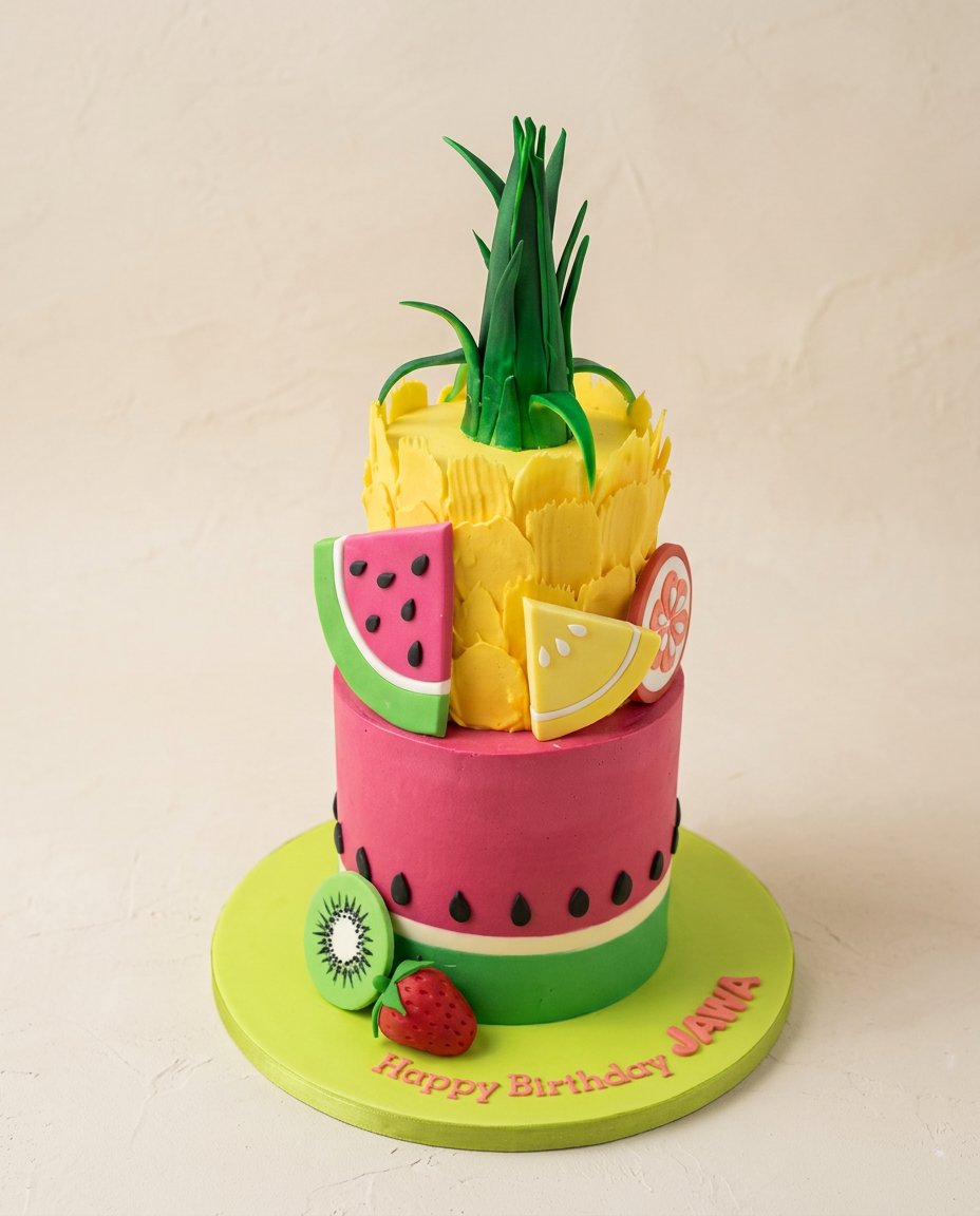 A single slice of Watermelon and Pineapple Tropical Fruit Cake served on a white plate with fresh mint.